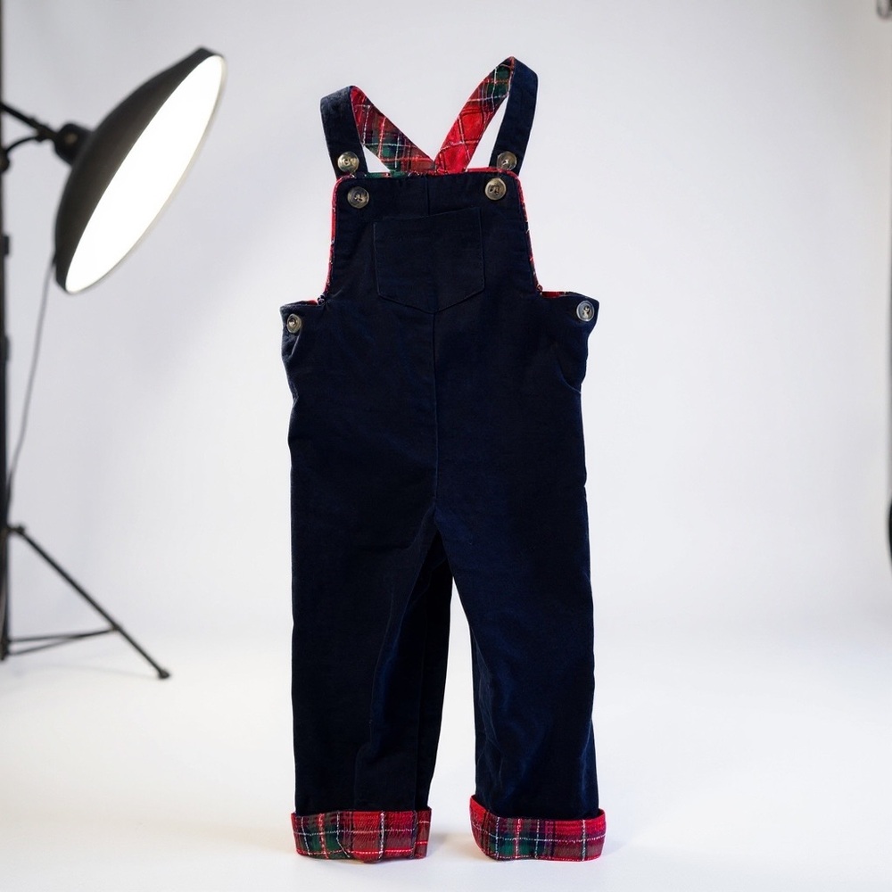 Max Studio Baby Overalls 12M Navy Plaid Lined Holiday Winter Outfit Unisex Cute